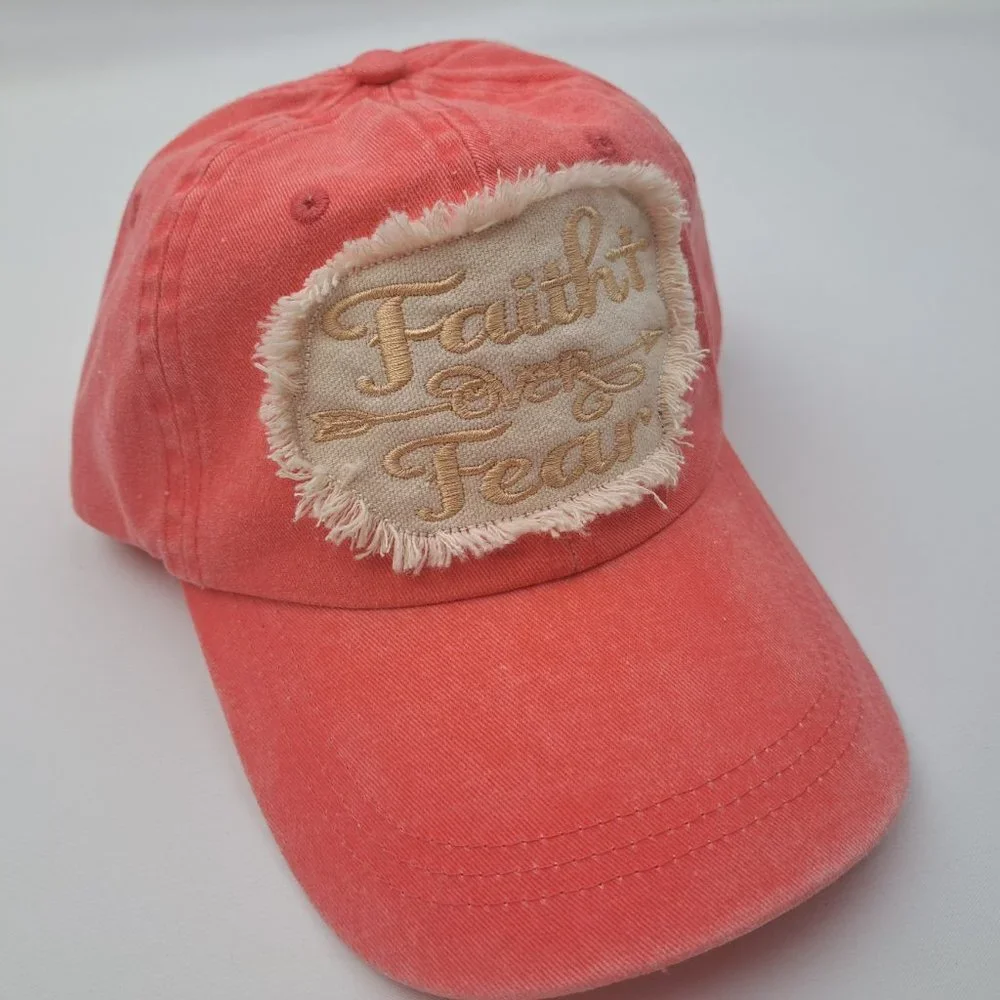 Faith Over Fear Women's Hat Cap Religious Cotton Pink Embroidered Ragged Patch